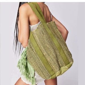Free People Green Rami Rug Tote Bag NWOT
